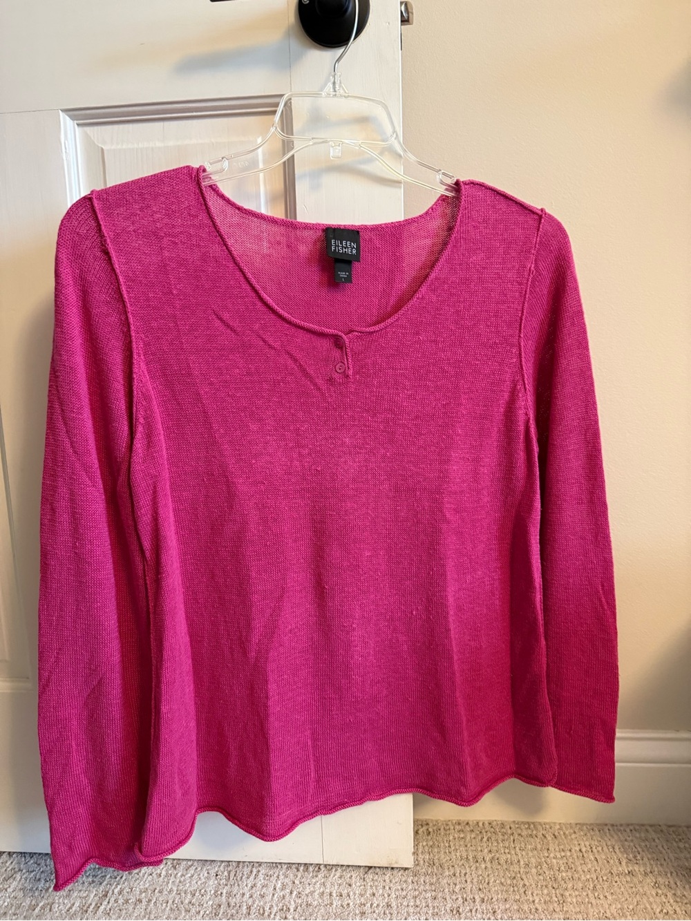 Eileen Fisher Womens Fuchsia Pink Linen Sheer Knit Relaxed Sweater Top Sz Large
